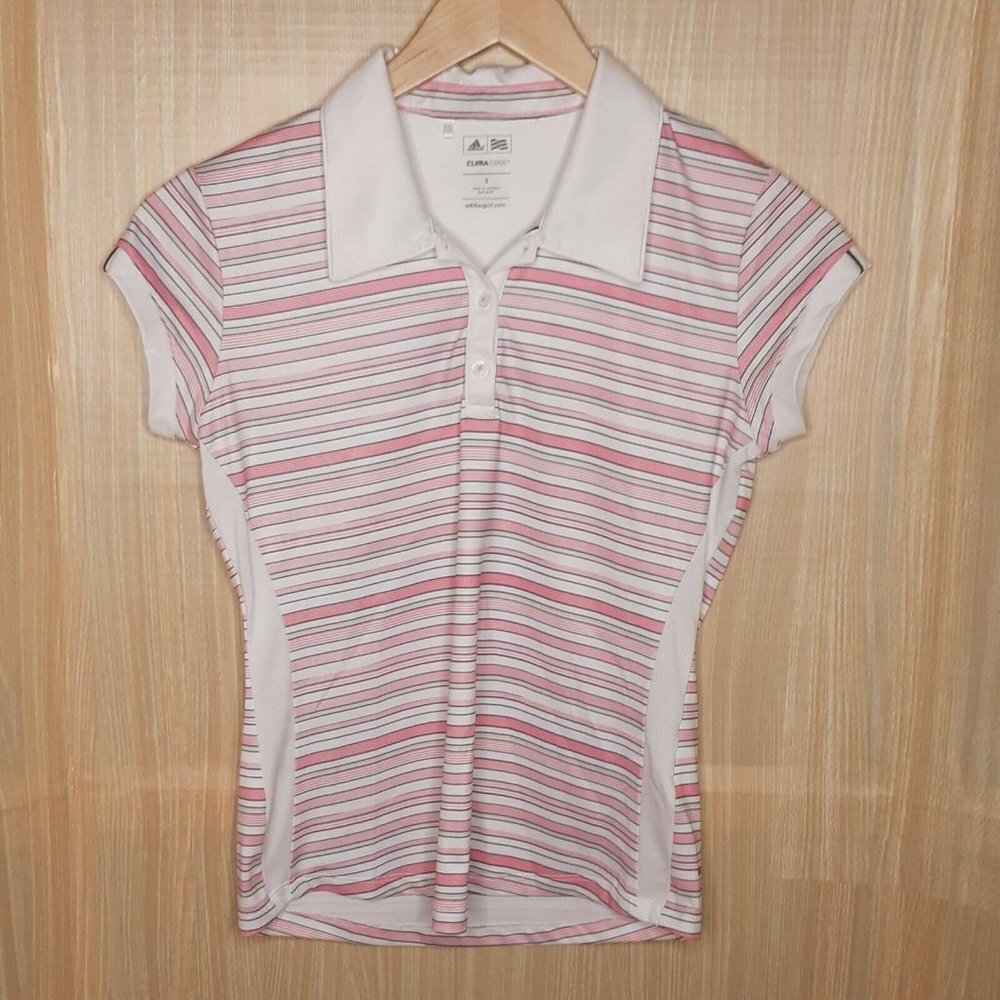 Adidas Women's Clima Cool Pink Striped Polo. Small - Picture 1 of 6